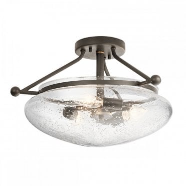 3 light semi-flush in bronze with bulbous seeded glass shade