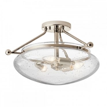 3 light semi flush in polished nickel with bulbous seeded glass shade