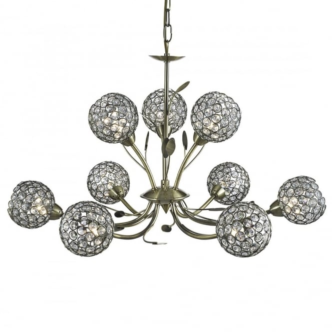 BELLIS - Ii 9 Light Ceiling Pendant Antique Brass With Clear Crystals