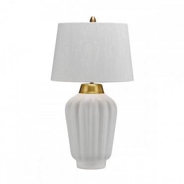 white ribbed table lamp with brushed brass details
