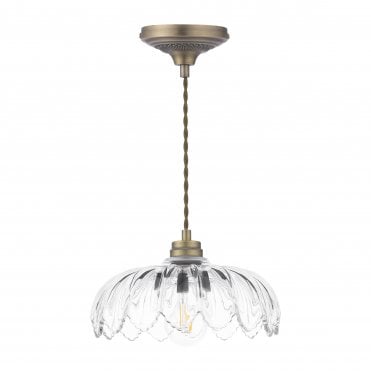matt antique brass pendant with clear glass scalloped edge shade