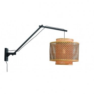 angled wall lamp with natural ratan drum shade