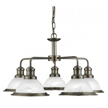 BISTRO - 5 Light Industrial Ceiling Antique Brass Marble Glass