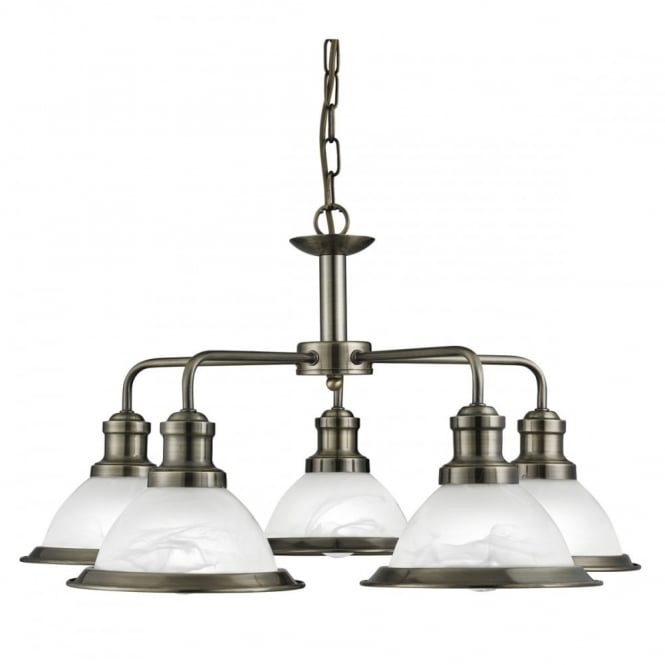 BISTRO - 5 Light Industrial Ceiling Antique Brass Marble Glass