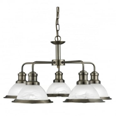 BISTRO - 5 Light Industrial Ceiling Antique Brass Marble Glass