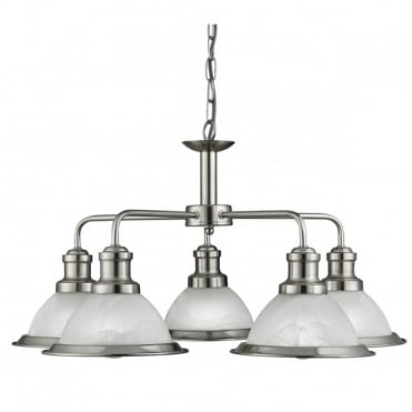 BISTRO - 5 Light Industrial Ceiling Satin Silver Marble Glass