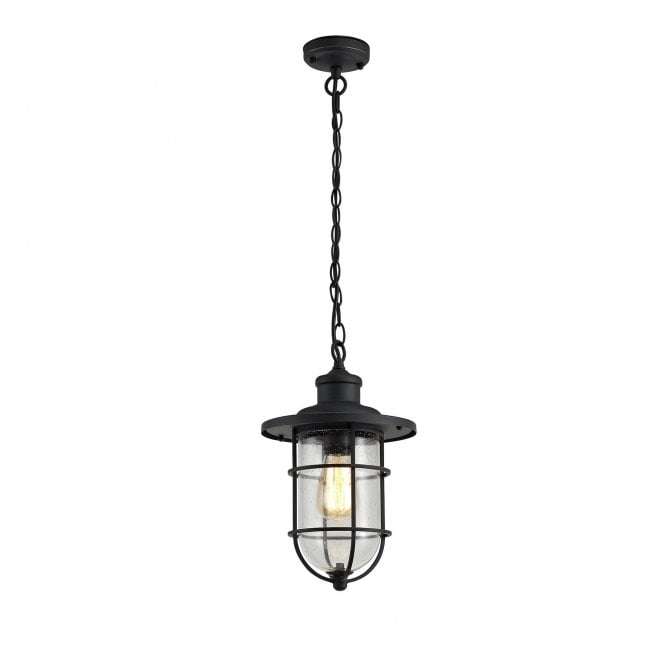 BLYTHE Outdoor Ceiling Pendant Black/Gold with Cage and Seeded Glass
