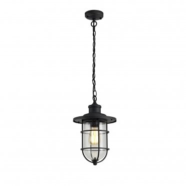 BLYTHE Outdoor Ceiling Pendant Black/Gold with Cage and Seeded Glass
