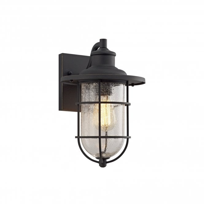 BLYTHE Outdoor Wall Lantern Black/Gold with Cage and Seeded Glass