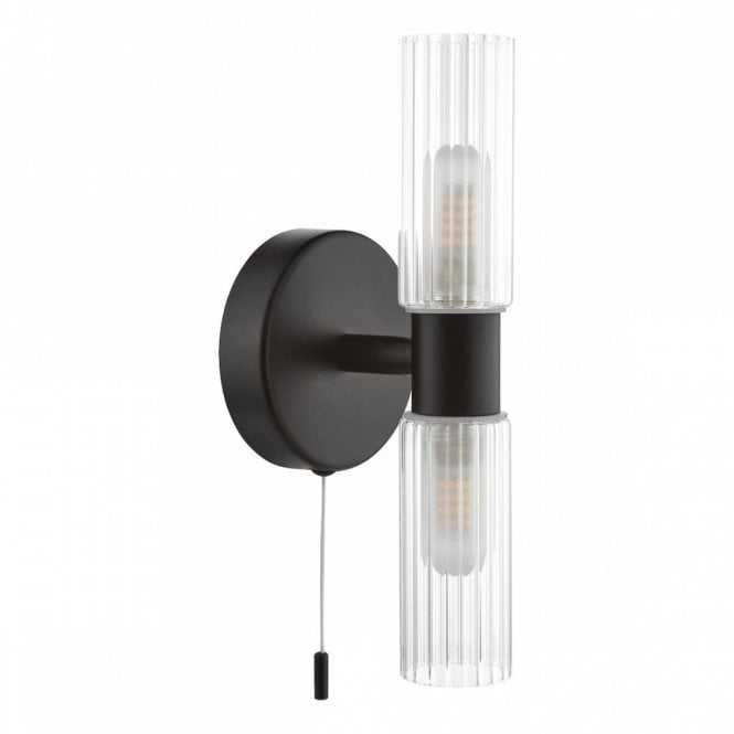 Bolton Bathroom Double Wall Light - Matte Black with Ribbed Glass IP44