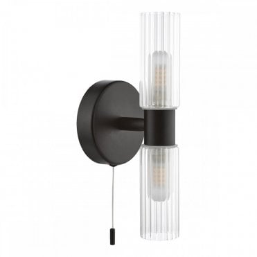 Bolton Bathroom Double Wall Light - Matte Black with Ribbed Glass IP44