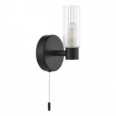 Bolton Matt Black Ribbed Glass Bathroom Wall Light with Frosted Inner Diffuser - IP44 Rated