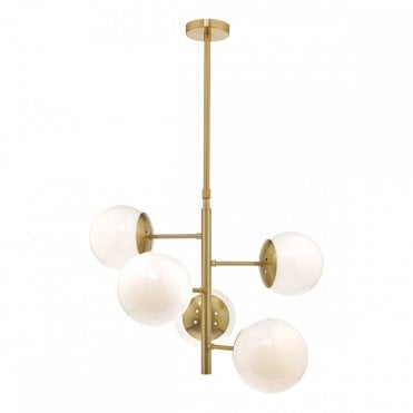 BOMBAZINE - 5 Light Ceiling Pendant Antique Brass Complete With Glass Shades Natural Brass