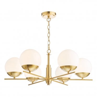 6 light natural brass pendant light with opal glass globe shades
