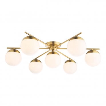 7 light semi-flush pendant in natural brass with opal glass globe shades