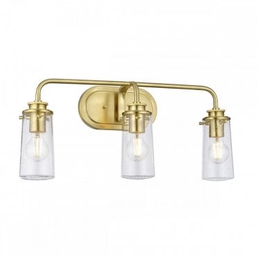 3 light brushed brass bathroom wall light with seeded glass shades