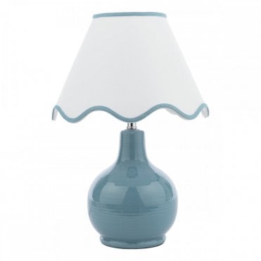 small blue ceramic table lamp with scalloped shade