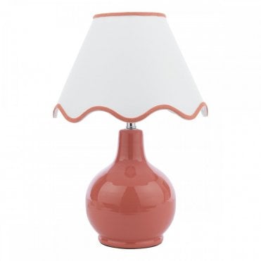 small terracotta table lamp with scalloped shade