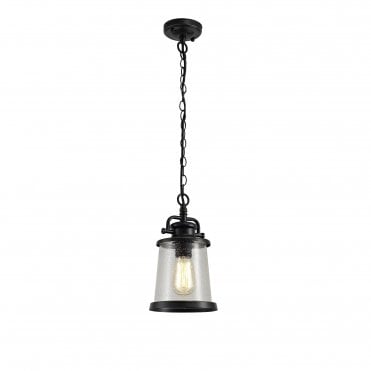 BRENDAN Outdoor Pendant Black/Gold with Seeded Glass Shade