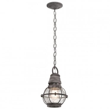 BRIDGE POINT Small Exterior Pendant Weathered Zinc Seeded Glass Globe