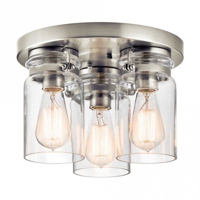 BRINLEY 3 Light Flush Ceiling Light Brushed Nickel with Clear Glass Shades