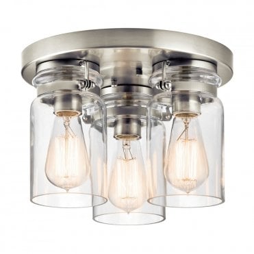 BRINLEY 3 Light Flush Ceiling Light Brushed Nickel with Clear Glass Shades