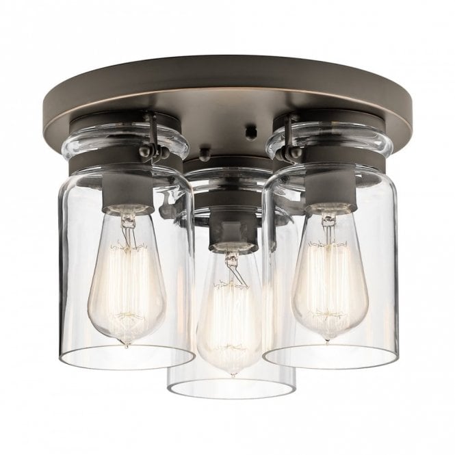 BRINLEY 3 Light Flush Ceiling Light Olde Bronze Clear Glass Shades