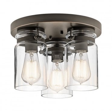 BRINLEY 3 Light Flush Ceiling Light Olde Bronze Clear Glass Shades