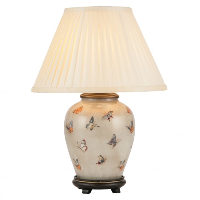 BUTTERFLIES on Small Urn Table Lamp with Silk Knife Pleat Balloon Lined Almond Shade 30cm