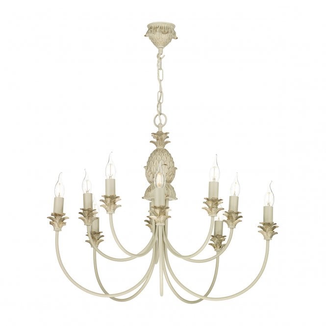 CABANA Traditional 10 Light Ceiling Pendant in Cream and Gold with Tropical Decoration
