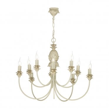 Traditional 10 Light Ceiling Pendant in Cream and Gold with Tropical Decoration