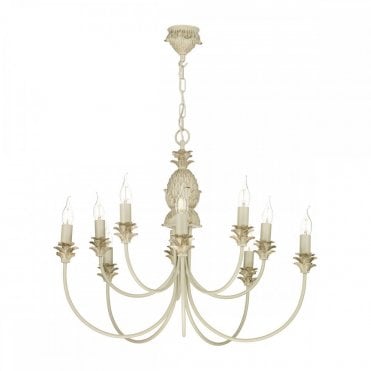 CABANA Traditional 10 Light Ceiling Pendant in Cream and Gold with Tropical Decoration