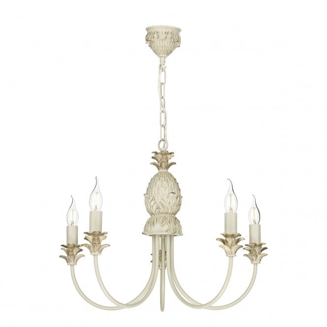 CABANA Traditional 5 Light Pendant in Cream and Gold with Tropical Decoration