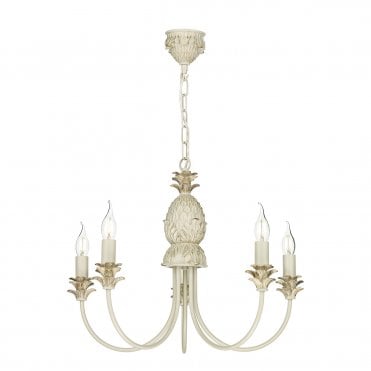 Traditional 5 Light Pendant in Cream and Gold with Tropical Decoration