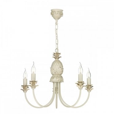 CABANA Traditional 5 Light Pendant in Cream and Gold with Tropical Decoration