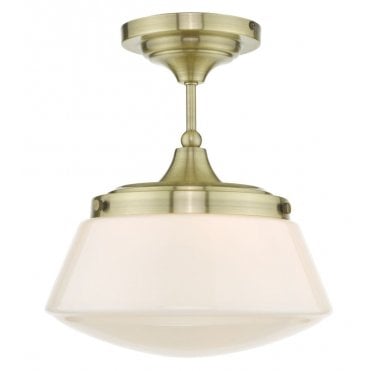 CADEN Semi Flush Ceiling Light Antique Brass Opal Glass Bathroom IP44
