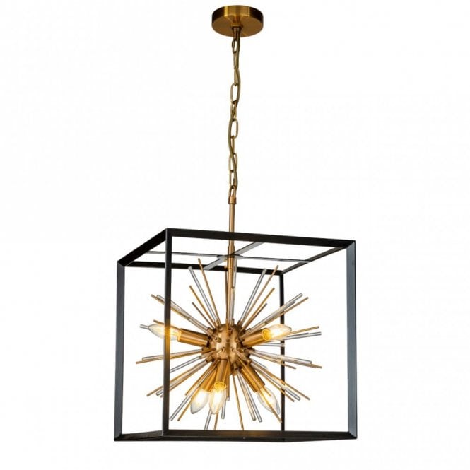 CALEDONIA Ceiling Pendant 6 Light box frame Crystal Rod Aspect Pendant Small