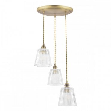 3 light cluster pendant in brass with ribbed glass shades and gold braided cords