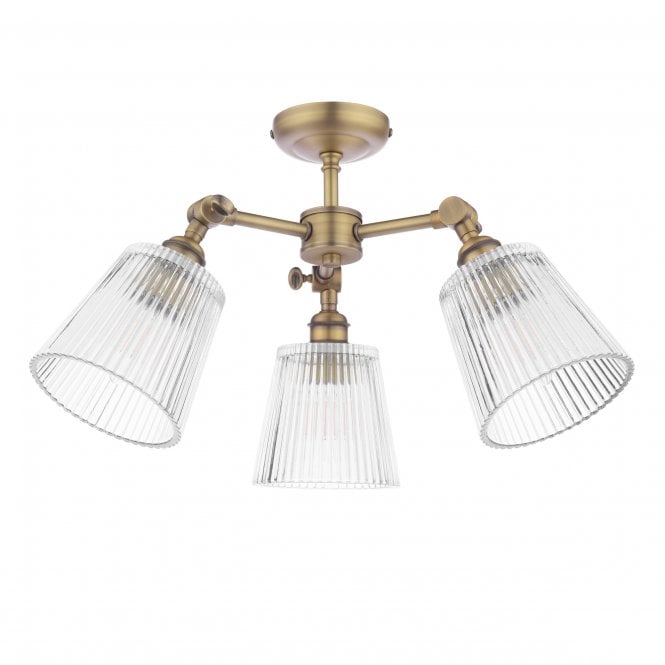 Callaghan 3 Light Semi-Flush Ceiling Light - Matt Antique Brass & Ribbed Glass