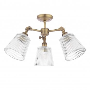 antique brass semi-flush ceiling light with ribbed glass shades