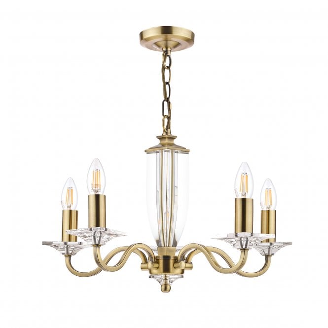 Carson 5 Light Chandelier Antique Brass & Crystal