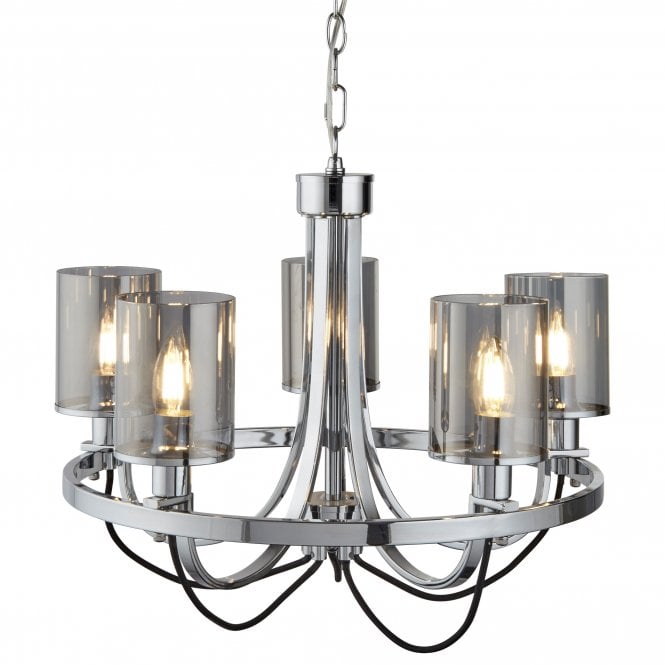 CATALINA 5 Light Ceiling Chrome Black Braided Cable Smoked Glass Shades