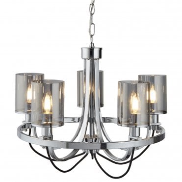 CATALINA 5 Light Ceiling Chrome Black Braided Cable Smoked Glass Shades