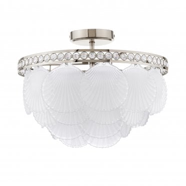 polished nickel semi-flush ceiling light with white ribbed glass droppers