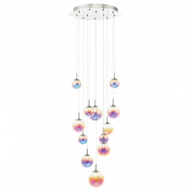 CESARIO 12lt Cluster Pendant Polished Chrome & Iridescent Glass Bubble Shades LED