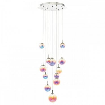 CESARIO 12lt Cluster Pendant Polished Chrome & Iridescent Glass Bubble Shades LED