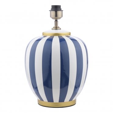 Blue and white striped ceramic table lamp base with antique brass accents