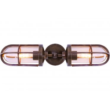 Exterior Double Well Glass Wall Light In Antique Brass