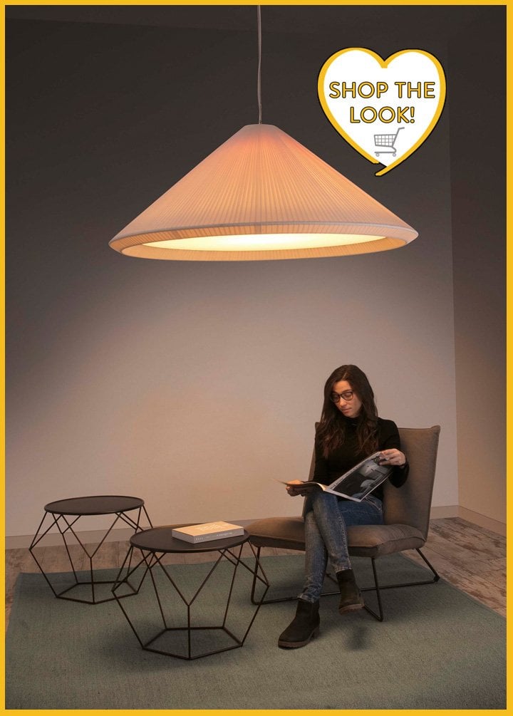living room with large cone light