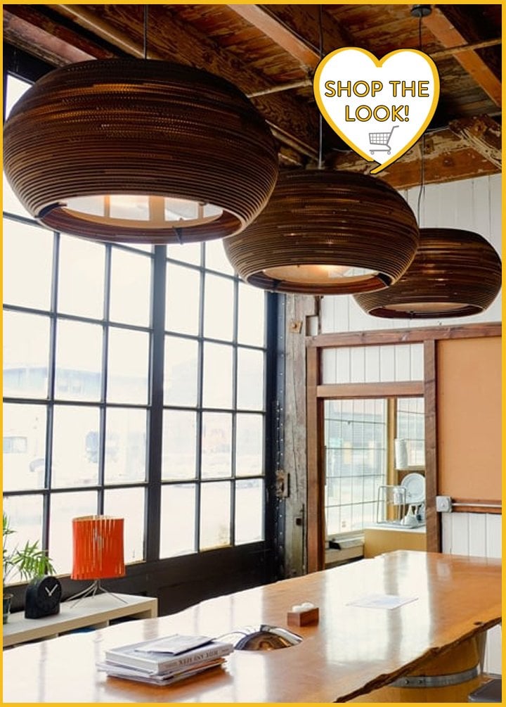 large table with 3 lights above